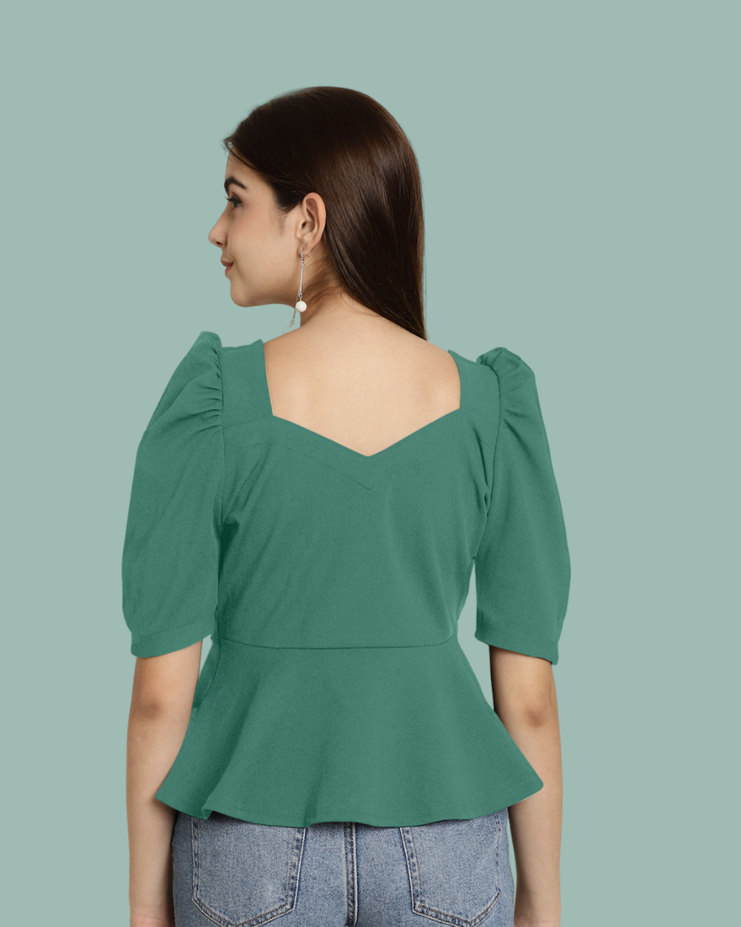 Puff Sleeve Green Casual Top