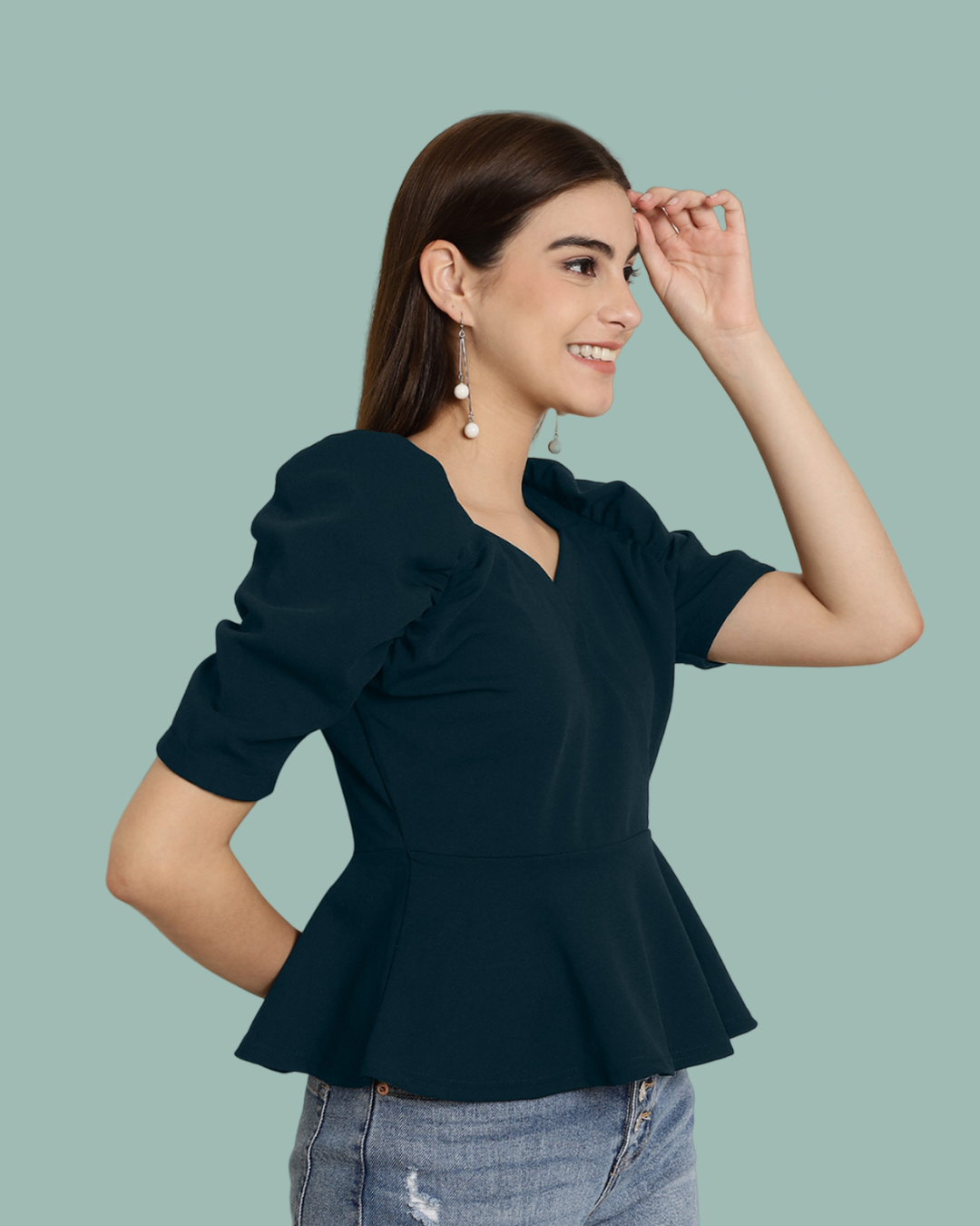 Puff Sleeve Teal Casual Top