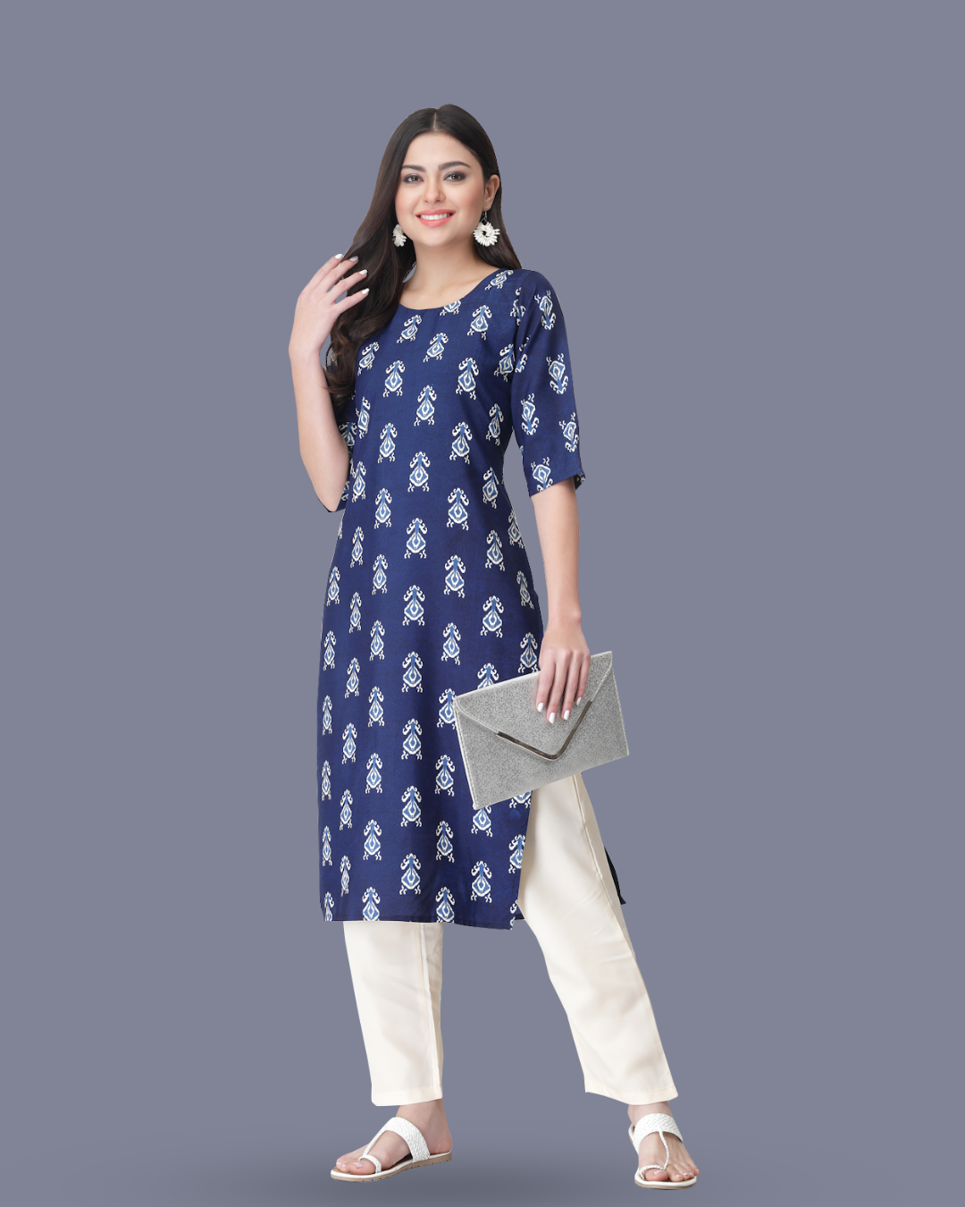 Navy Blue Block Printed Kurta With Pant