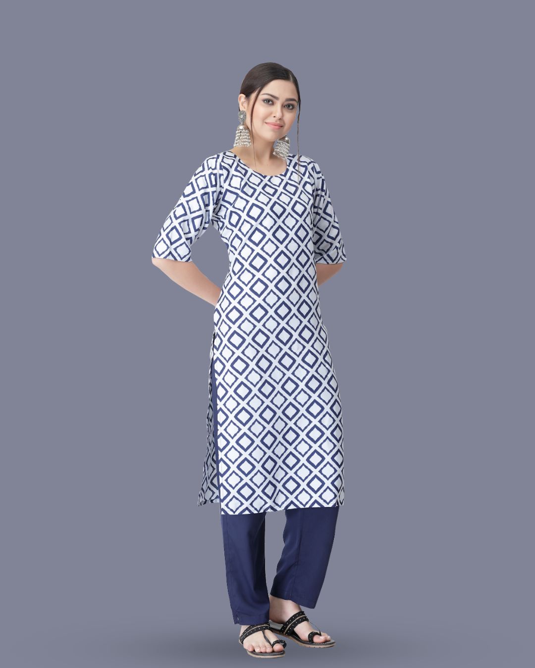 Navy and Ivory Block Printed Kurta With Pant