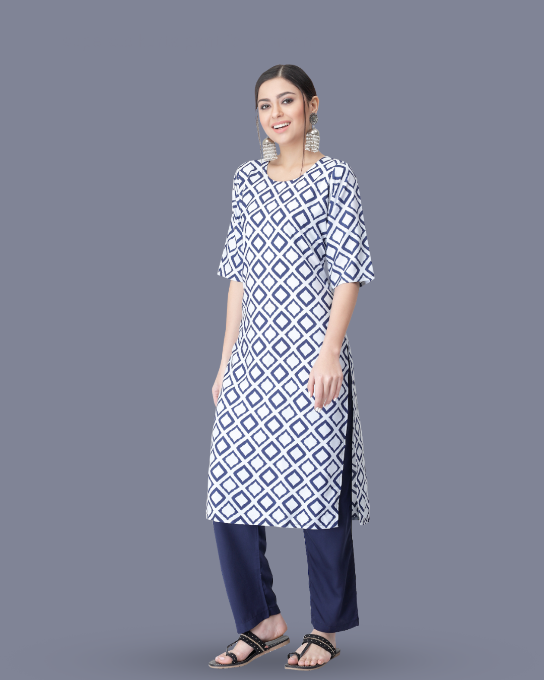 Navy and Ivory Block Printed Kurta With Pant