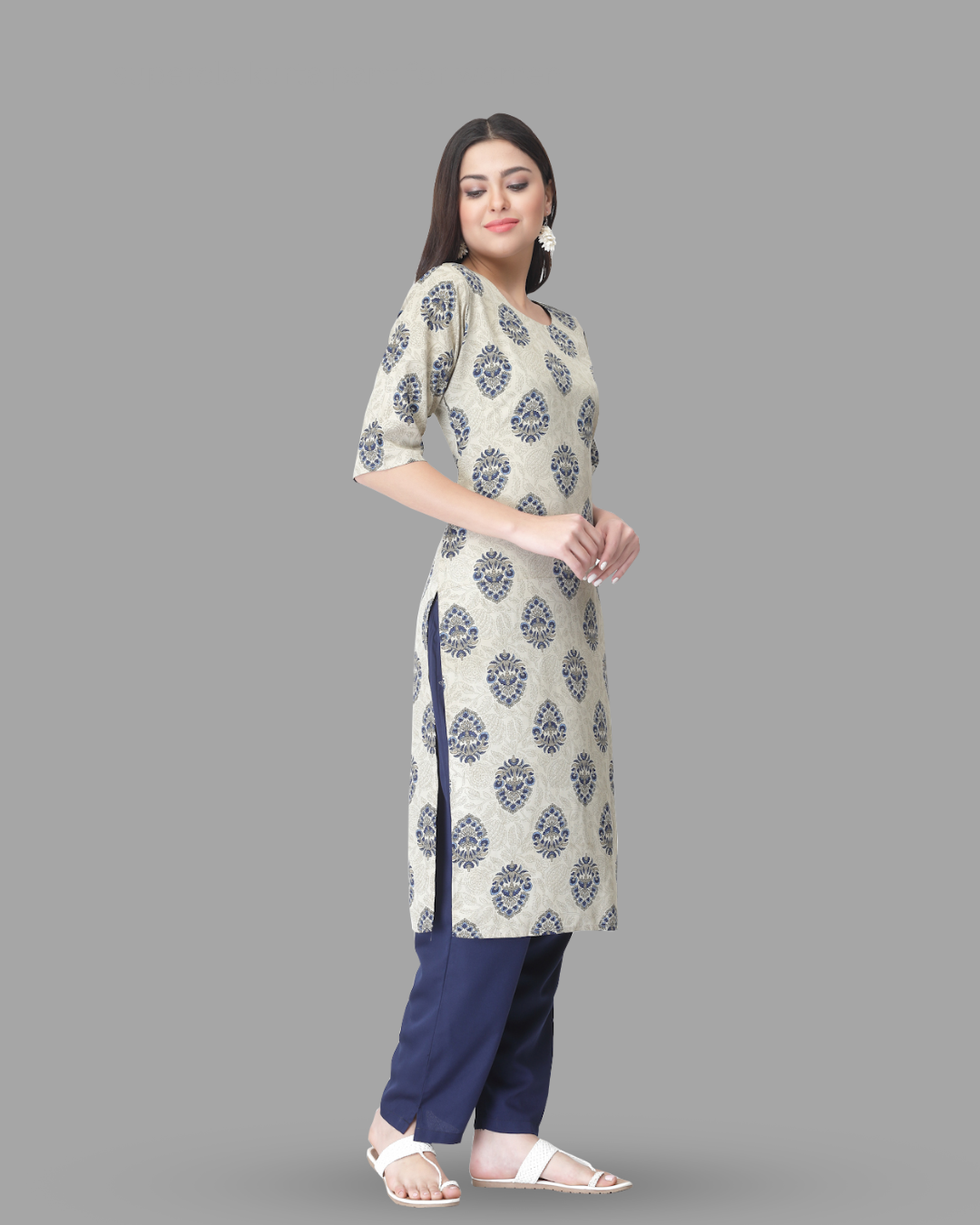 Misty Grey Blossom Printed Kurta With Pant