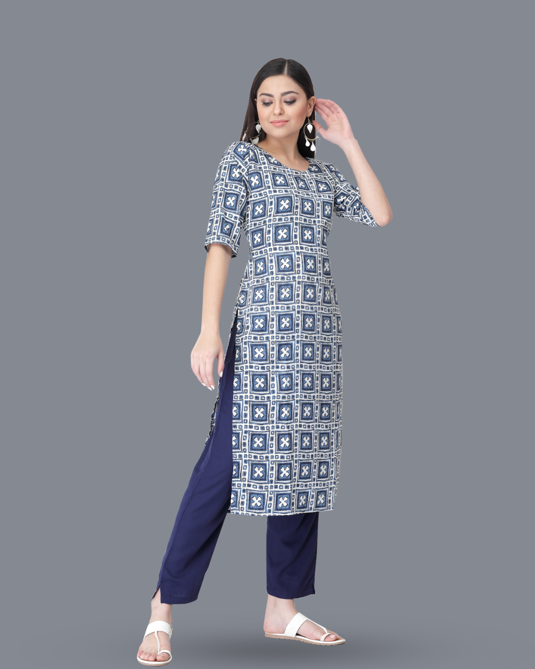 Navy Blue Cross Printed Kurta With Pant