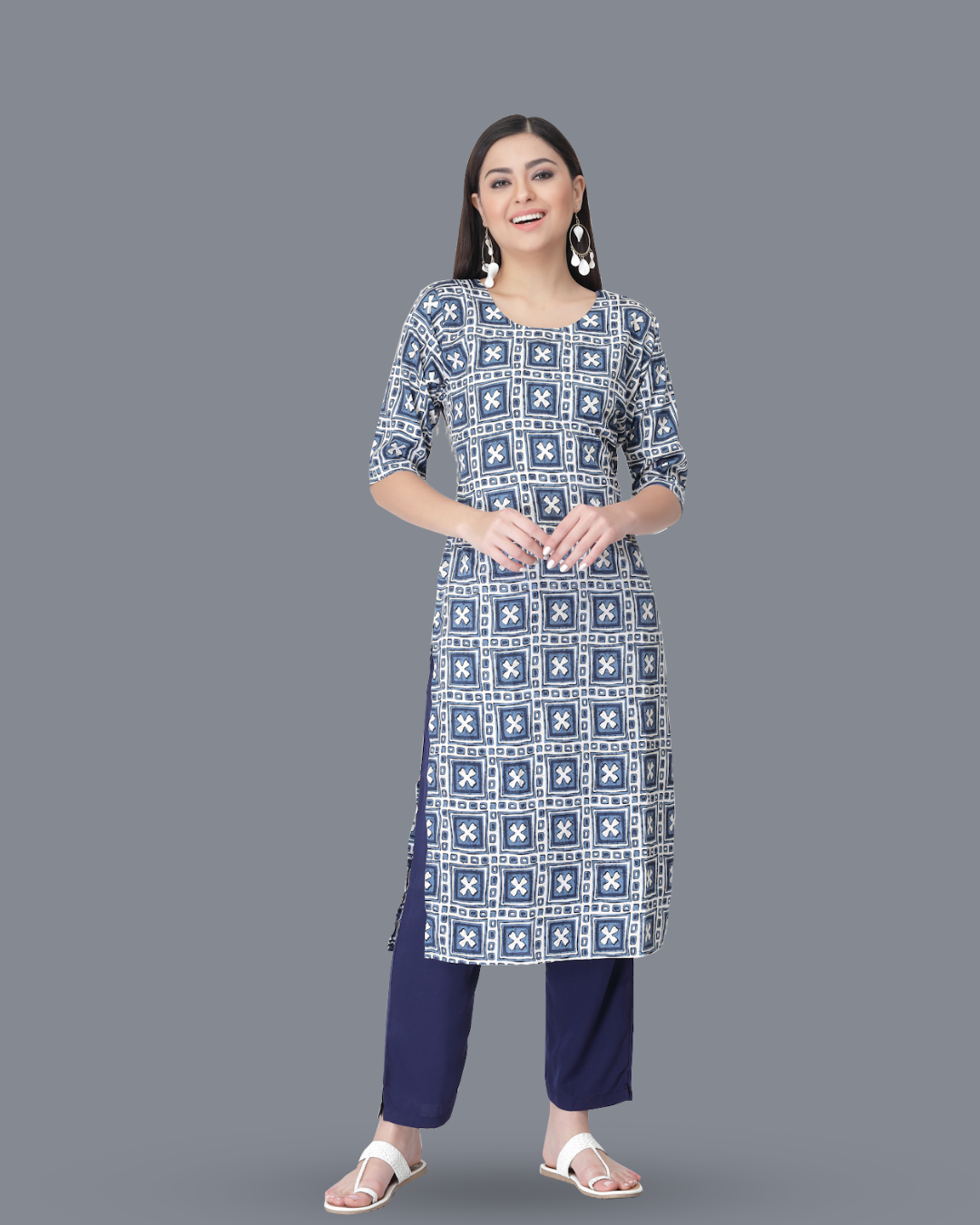Navy Blue Cross Printed Kurta With Pant