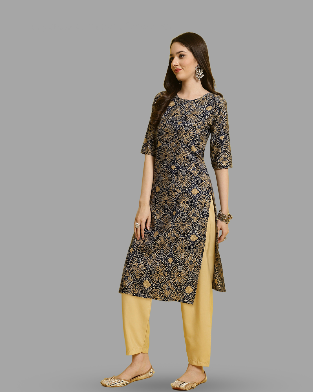 Blue Kurta Pant with Rustic Print Circles