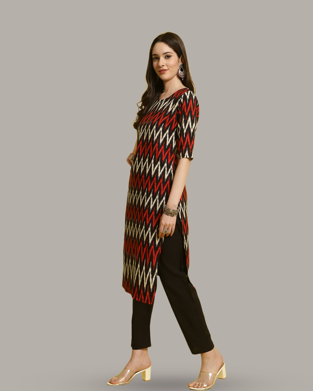 Red and White Zigzag Kurta With Pant