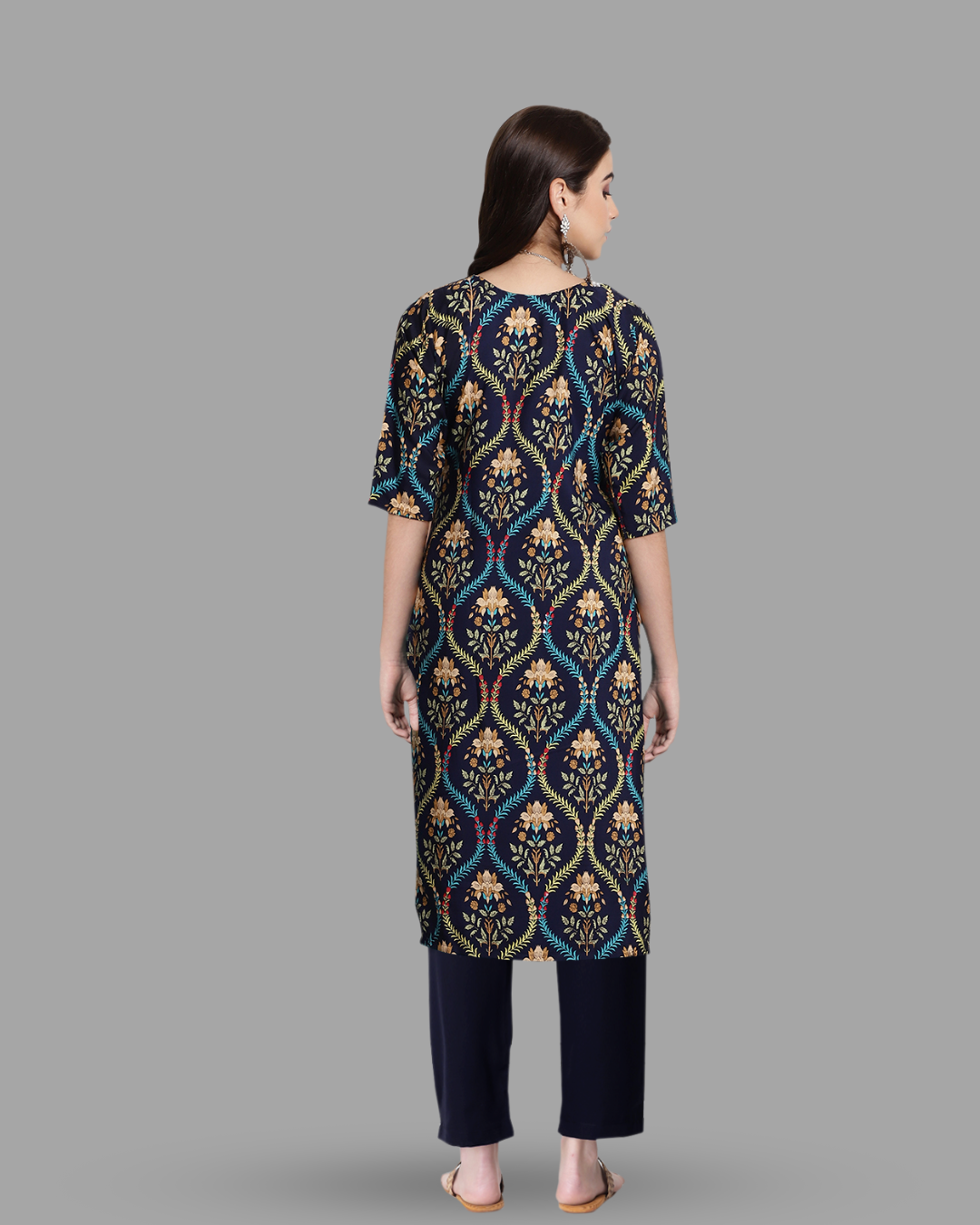Navy Blue Ethnic Print Kurta With Pant
