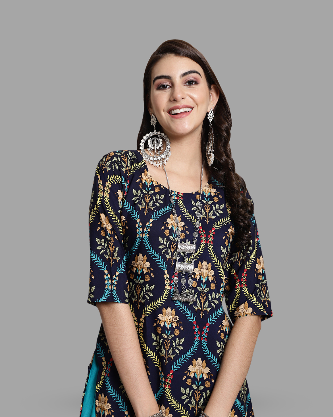 Navy Blue Ethnic Print Kurta With Pant
