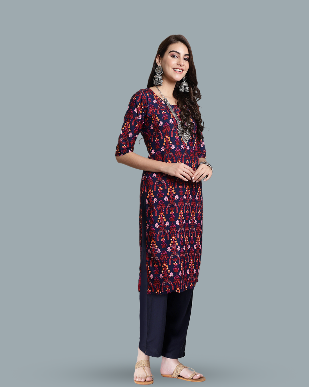 Tropical Navy Blue Print Kurta With Pant