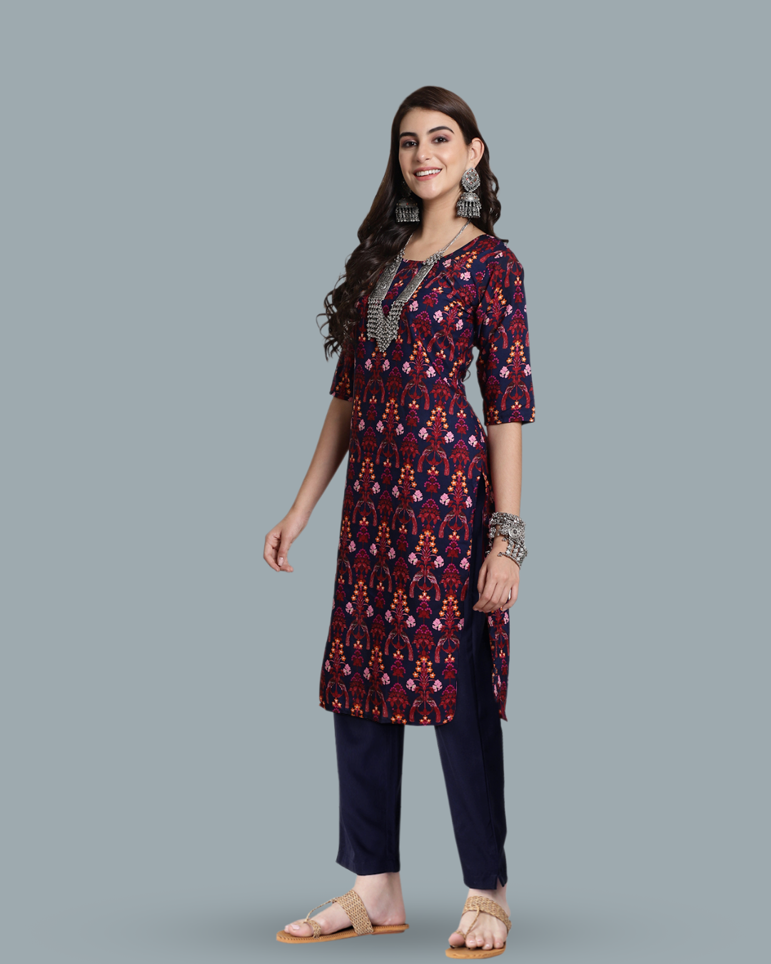 Tropical Navy Blue Print Kurta With Pant
