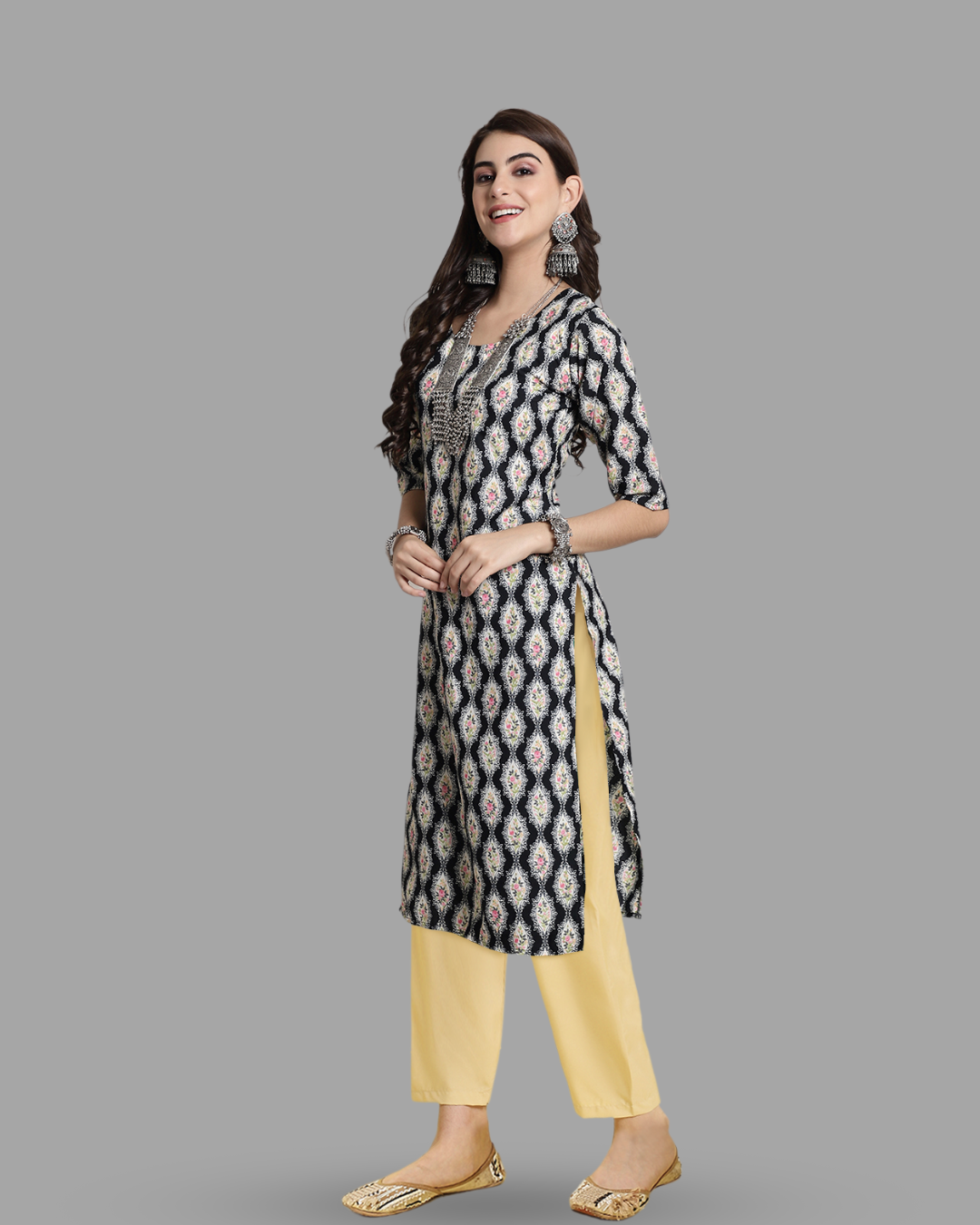 Regal Black Ethnic Print Kurta With Pant