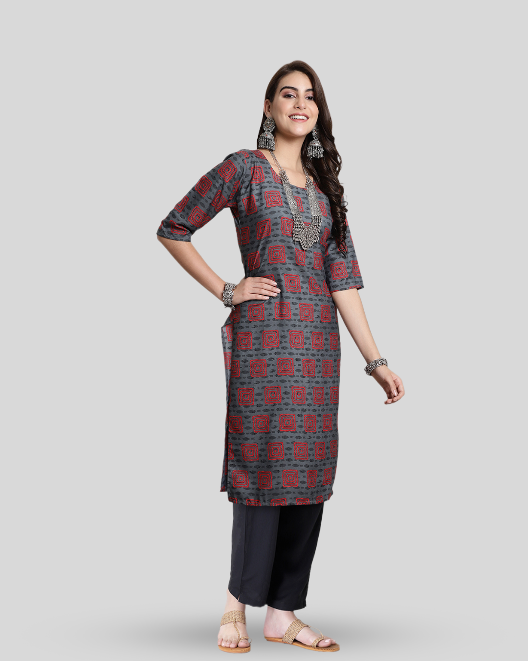 Grey Layered Square Printed Kurta With Pant