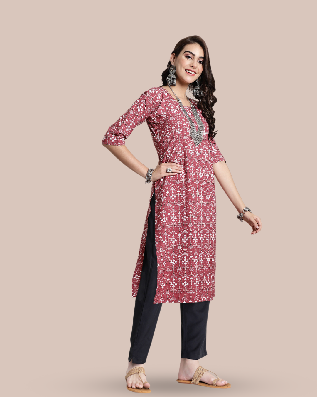Chic Pink Print Kurta With Pant