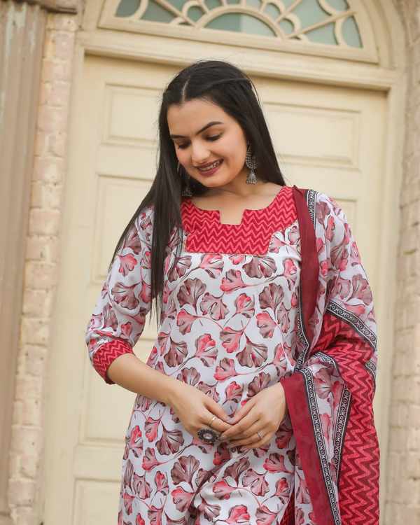 Blooming White and Red Kurta Set - Set of 3