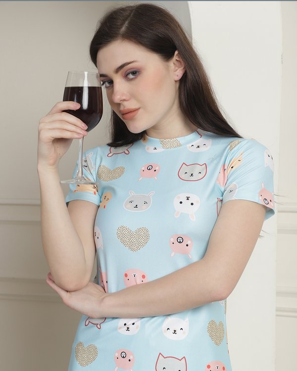 Kitty and Heart Print Sky Blue Night Suit Set