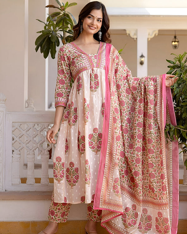 Pink & White Printed Anarkali Set