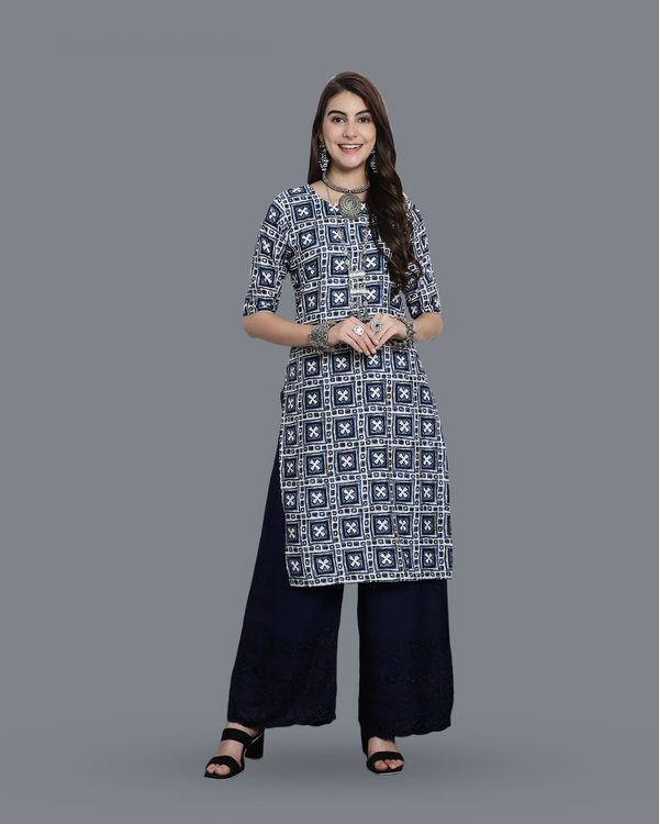 Navy Blue Cross Printed Kurta
