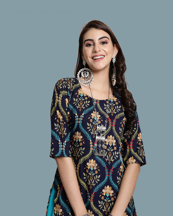 Navy Blue Ethnic Print Kurta