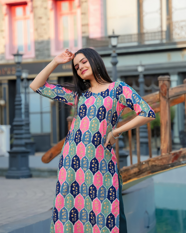 Pink & Blue Heritage Print Kurta