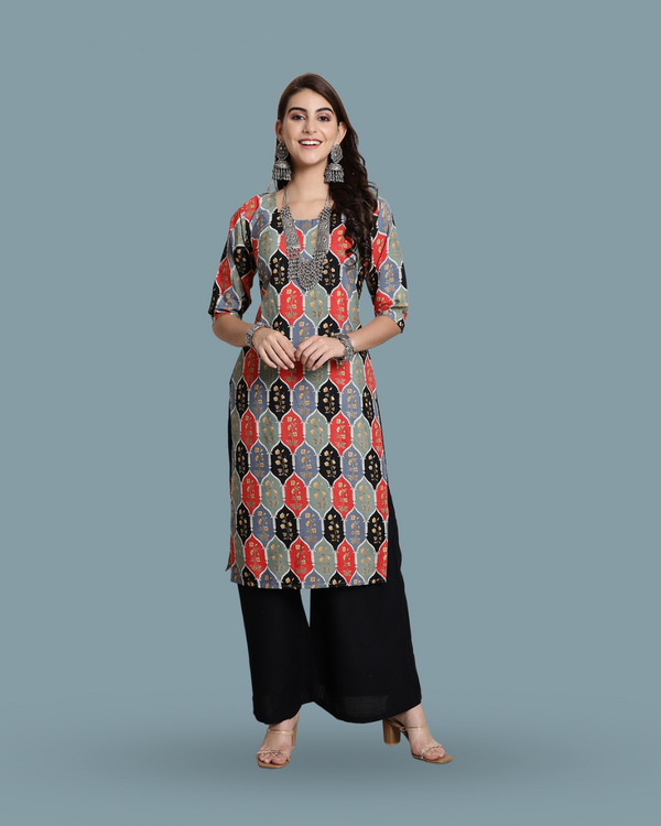 Red & Black Heritage Print Kurta