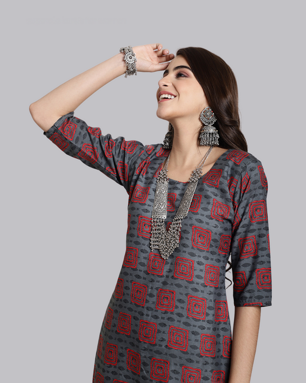 Grey Layered Square Printed Kurta