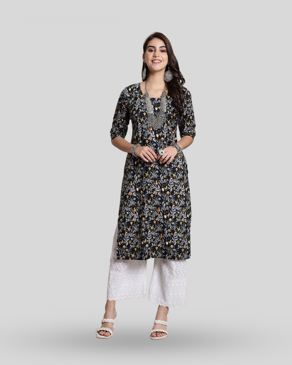 Springtime Black Floral Print Kurta