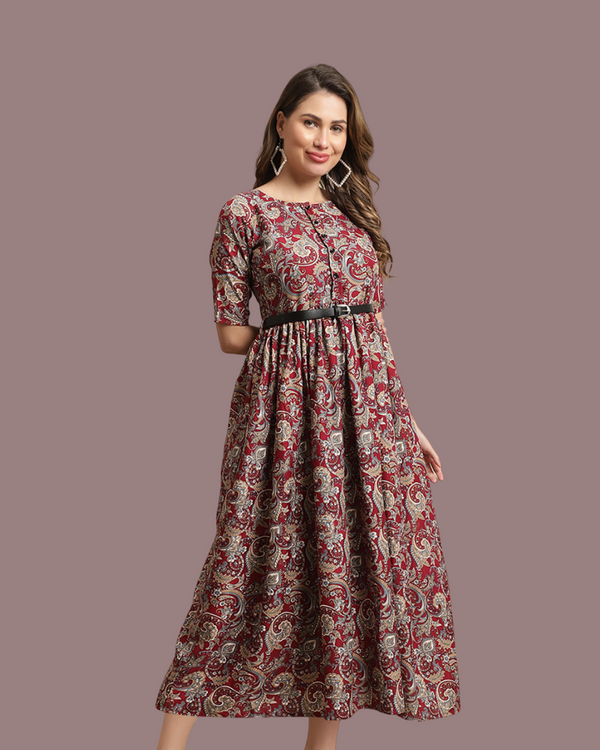 Maroon Cultural Print Maxi Dress