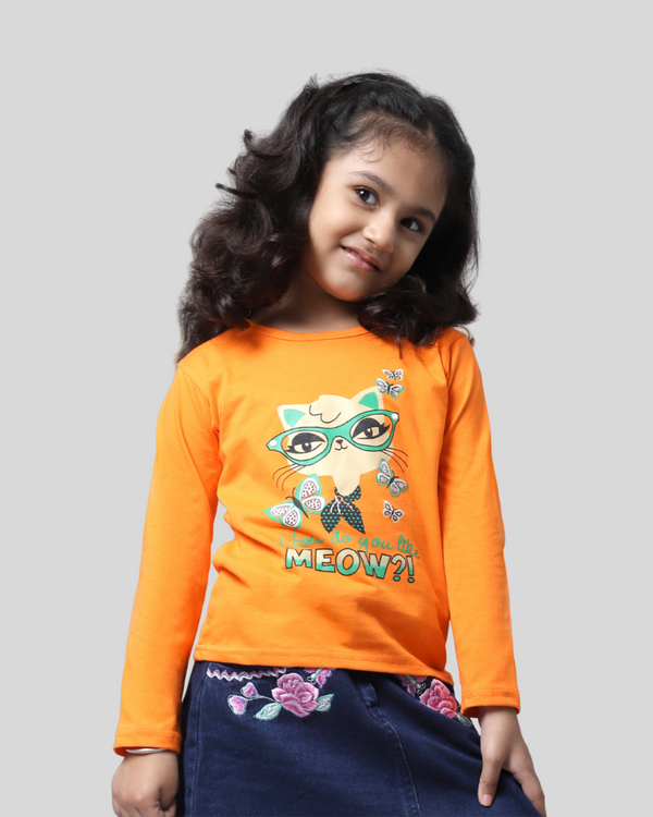 Girls Orange Printed T-shirt