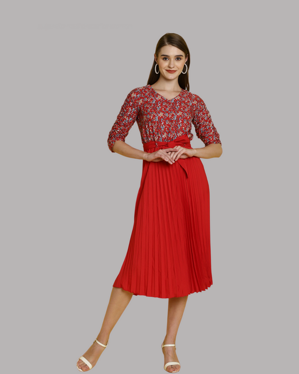 Patterned Red Pleated Maxi Dress