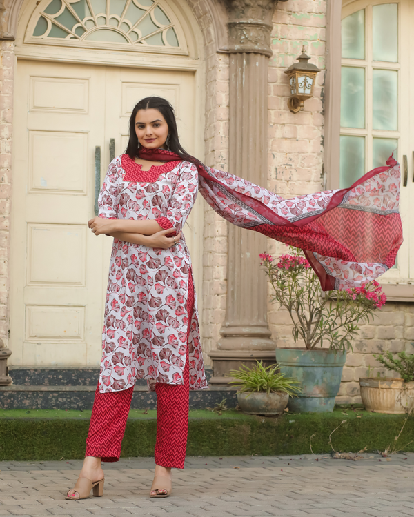 Blooming White and Red Kurta Set - Set of 3