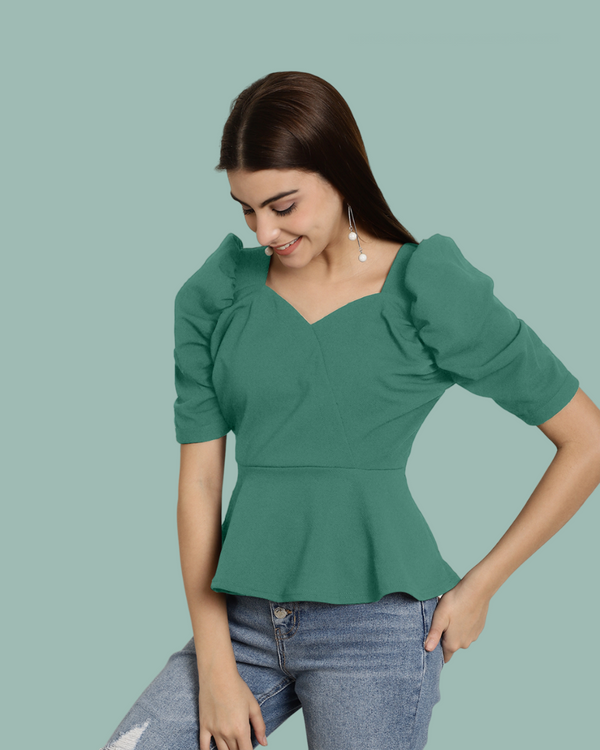 Puff Sleeve Green Casual Top