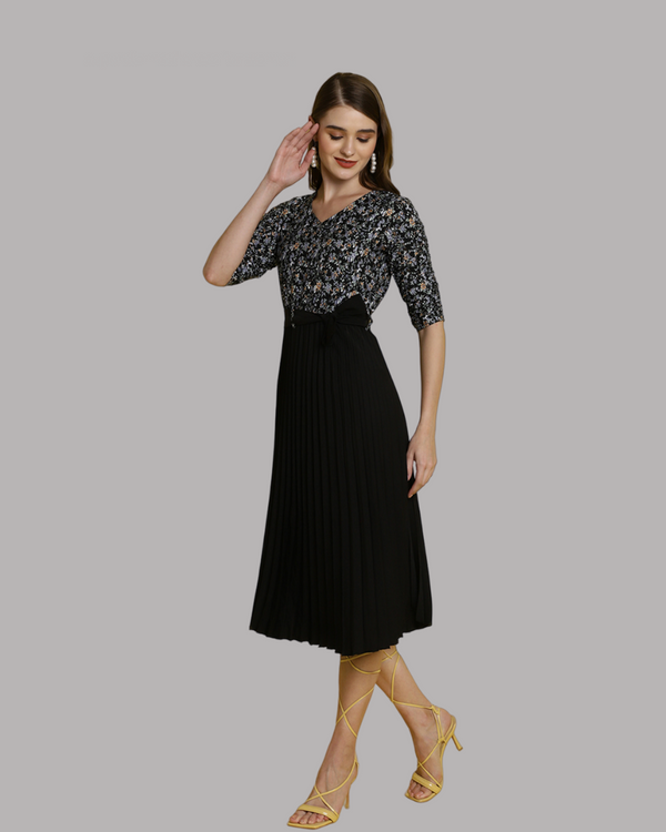 Bloom and Pleat Black Maxi Dress