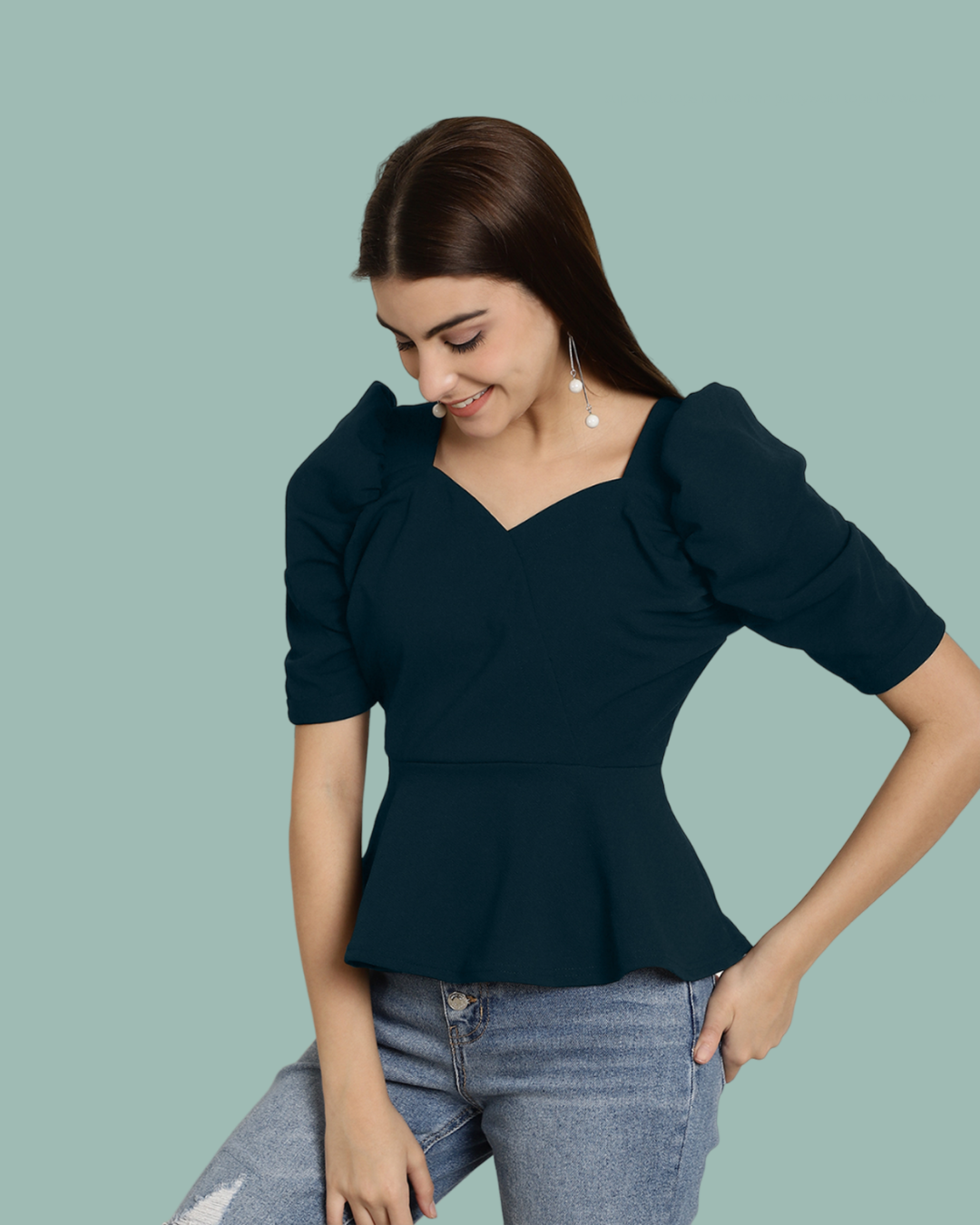 Puff Sleeve Teal Casual Top