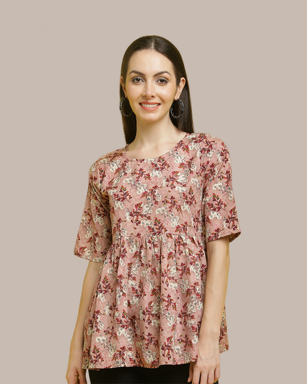 Natural Brown Leaf Print Top