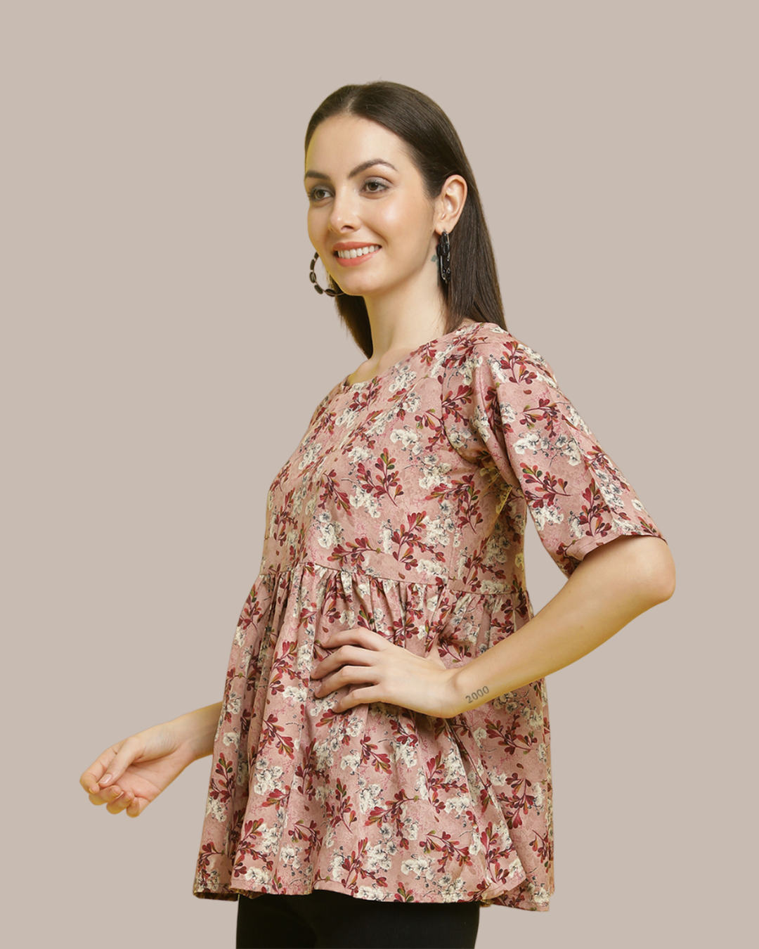 Natural Brown Leaf Print Top