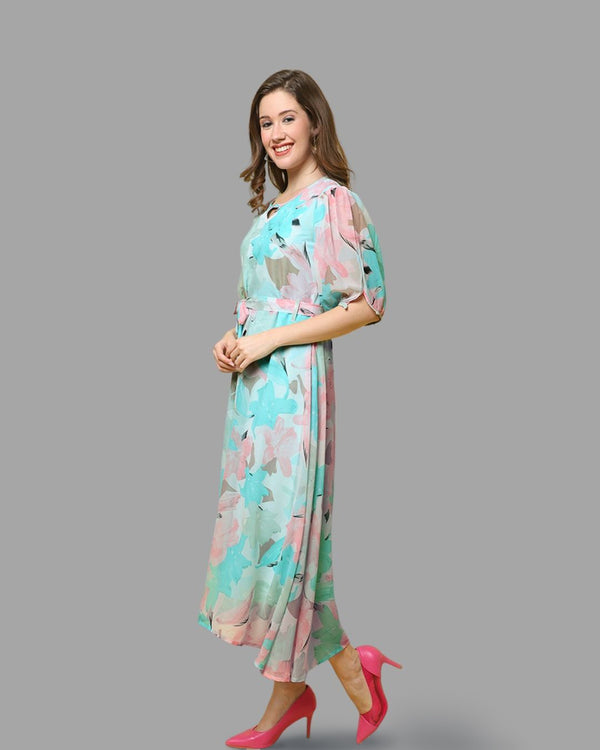 Turquoise Garden Floral Print Maxi Dress