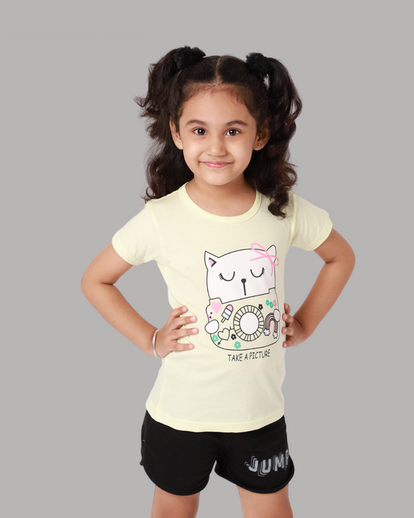 Girls Yellow Printed T-shirt