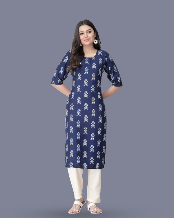 Navy Blue Block Printed Kurta With Pant