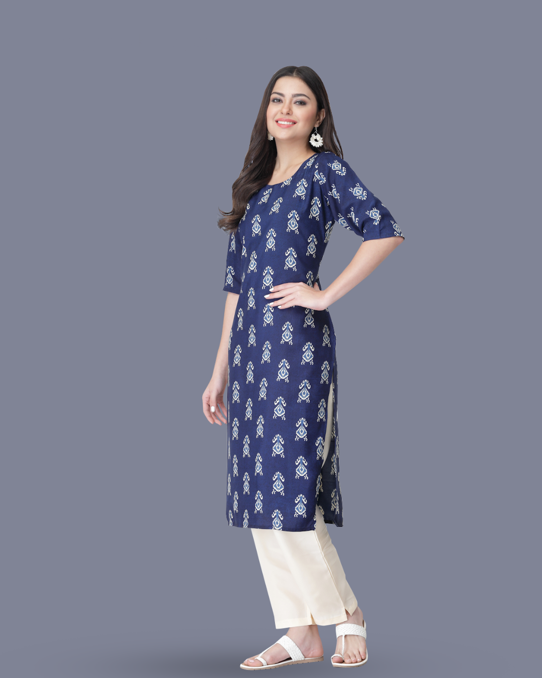 Navy Blue Block Printed Kurta With Pant