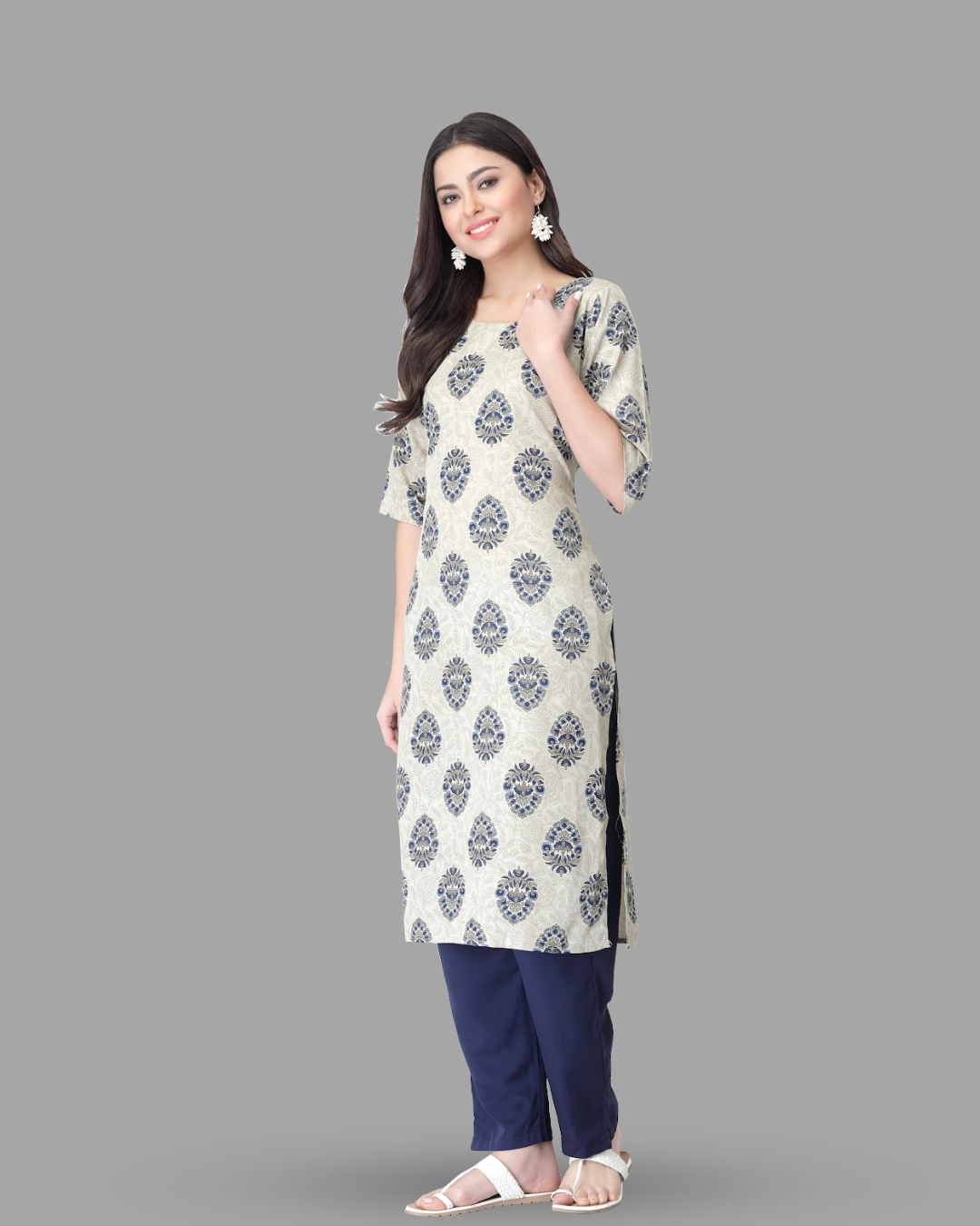 Misty Grey Blossom Printed Kurta With Pant