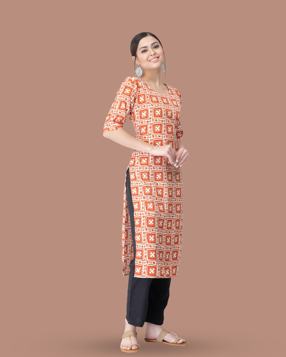 Tangerine Cross Printed Kurta With Pant