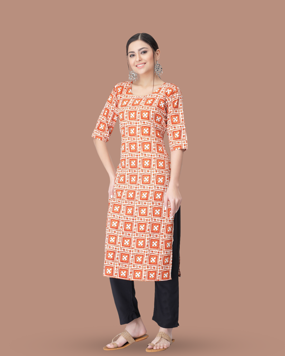 Tangerine Cross Printed Kurta With Pant