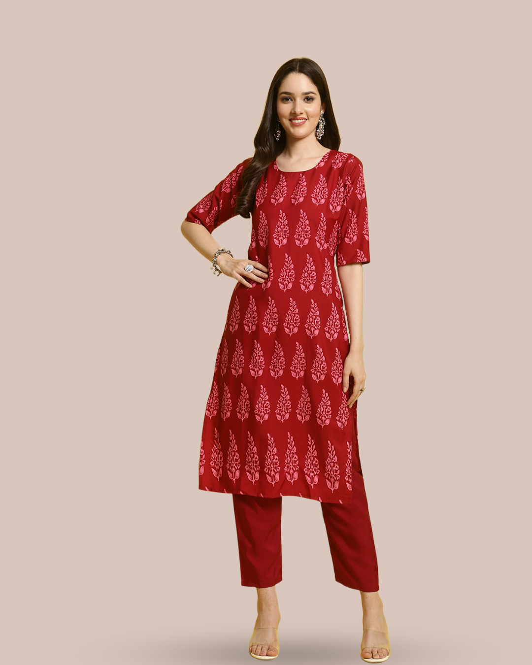 Rich Red Printed Kurta With Pant
