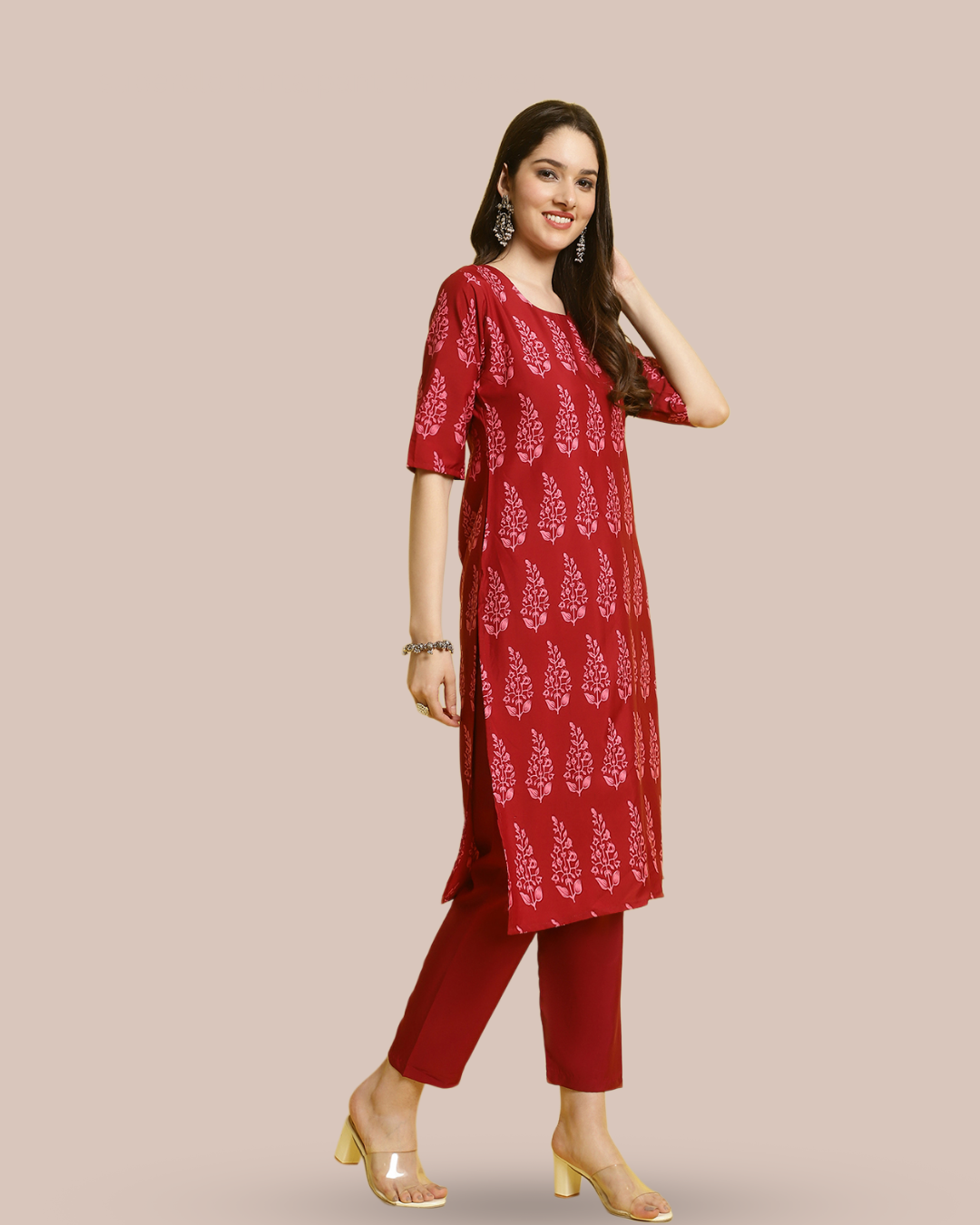 Rich Red Printed Kurta With Pant