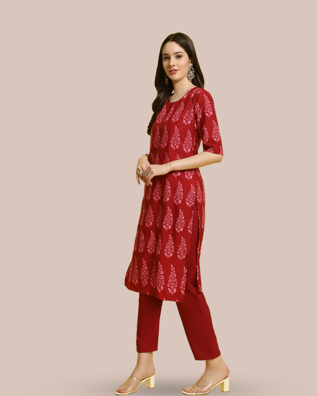 Rich Red Printed Kurta With Pant