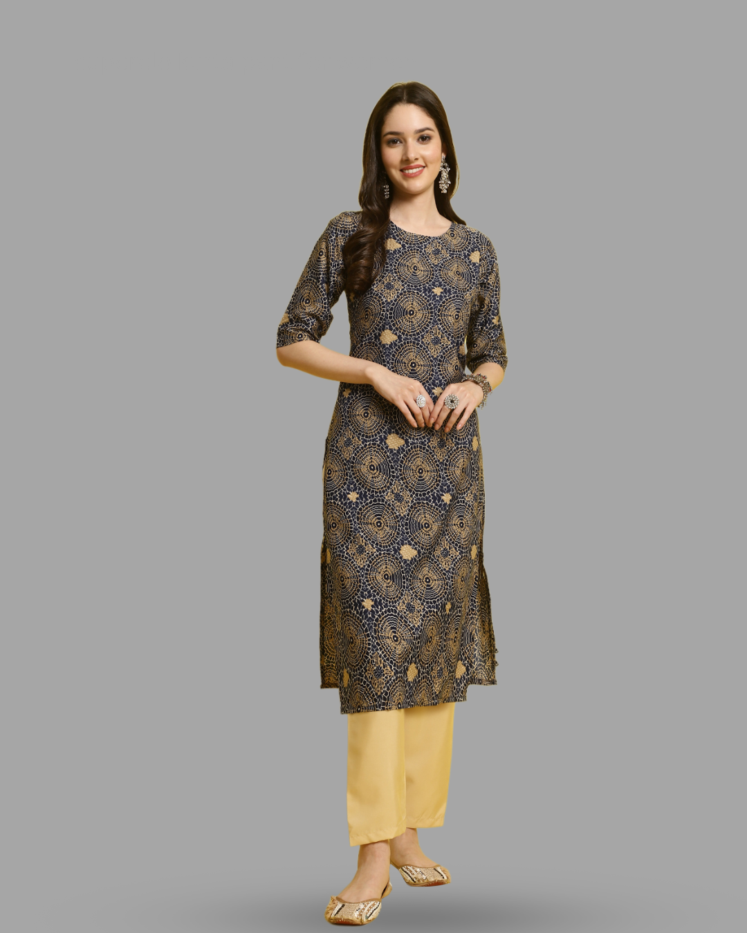 Blue Kurta Pant with Rustic Print Circles