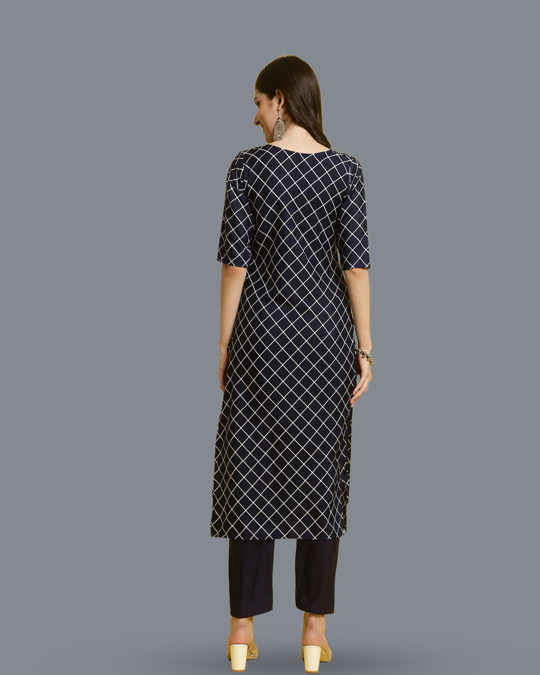 Navy Blue Checkered Kurta Pant