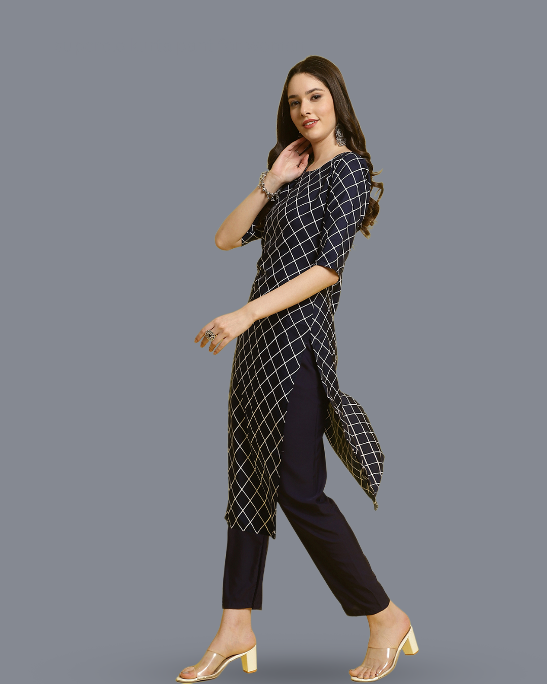 Navy Blue Checkered Kurta Pant