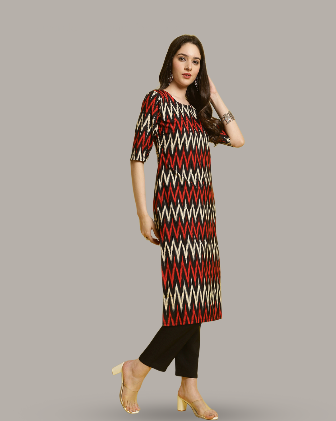 Red and White Zigzag Kurta With Pant