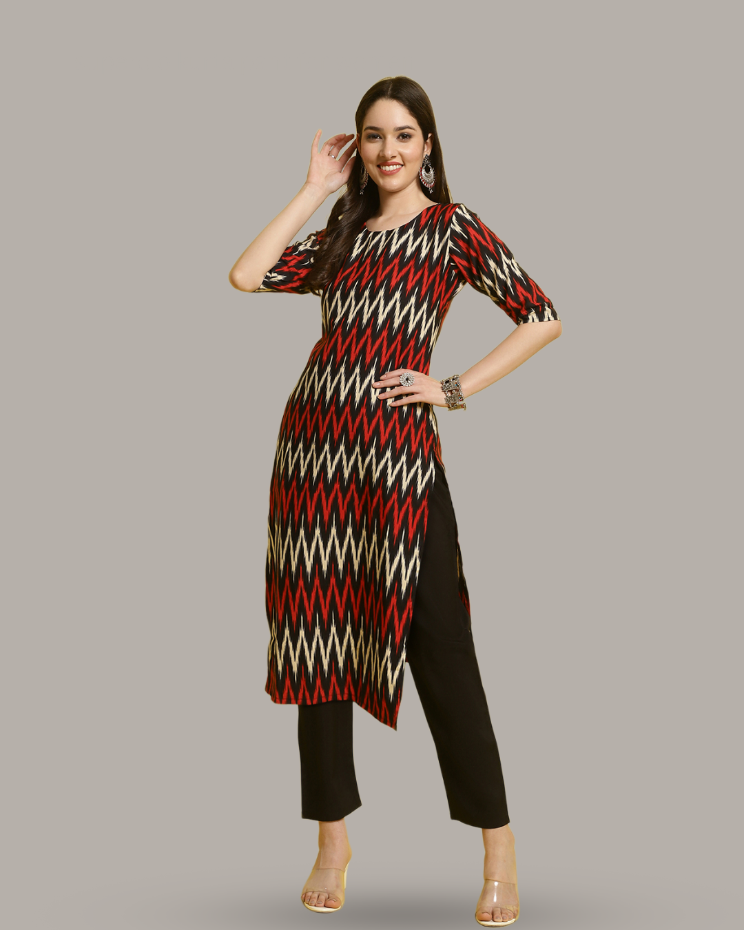 Red and White Zigzag Kurta With Pant